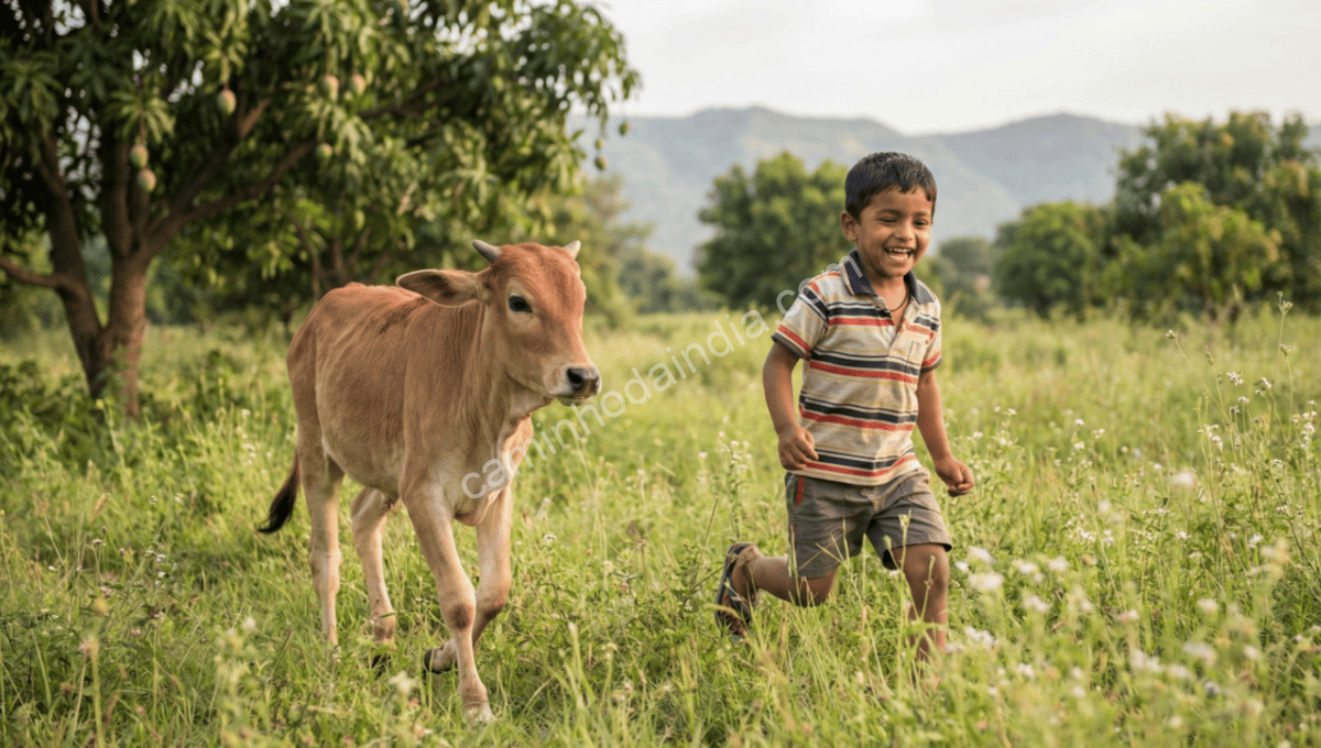 Criança pequena brincando alegremente com um bezerro em ambiente rural