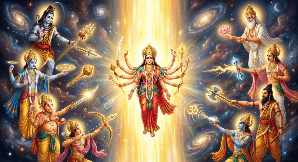 Deuses oferecendo suas armas para fortalecer a deusa Durga