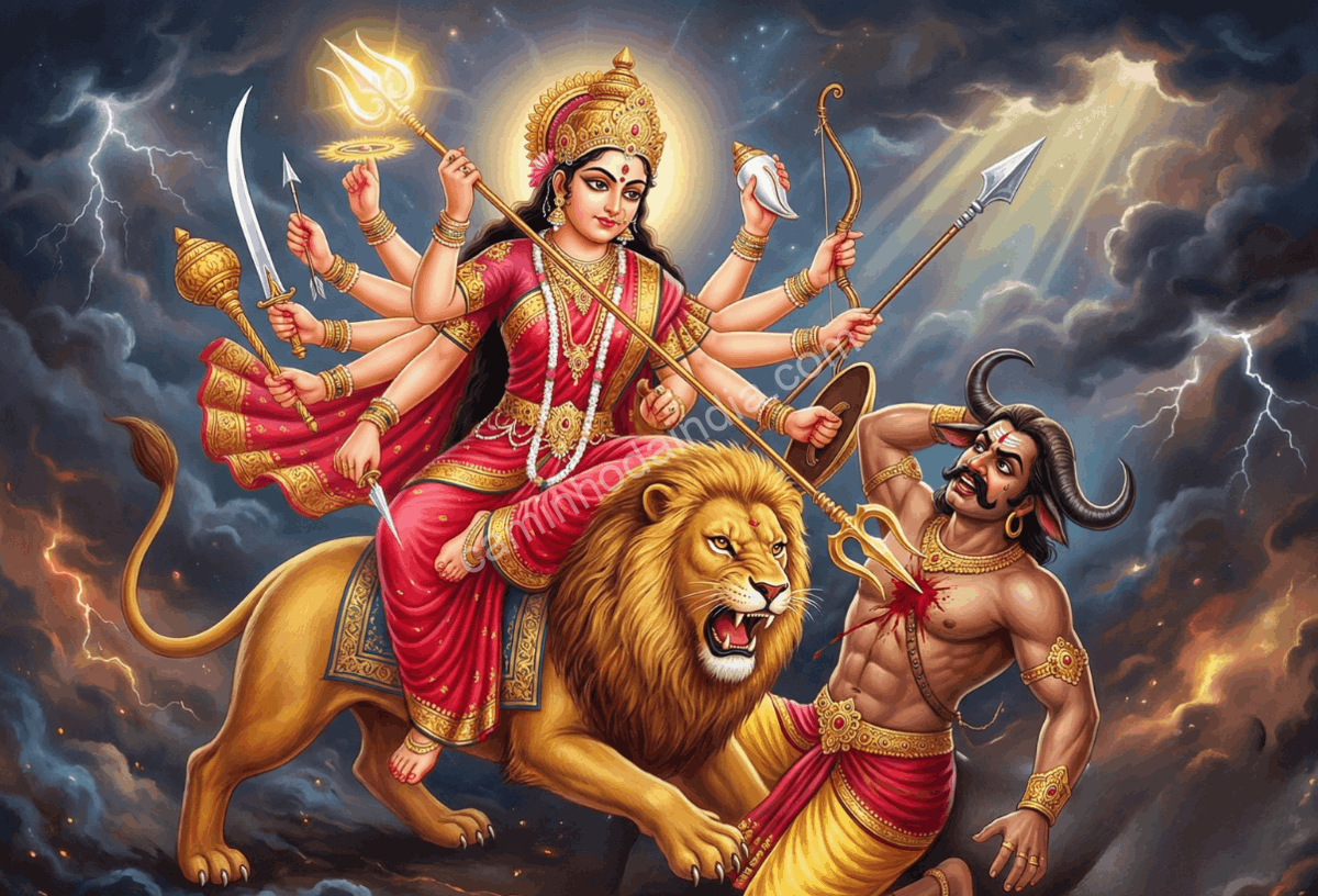 Deusa Durga derrotando o demônio Mahishasura, simbolizando a vitória do bem sobre o mal