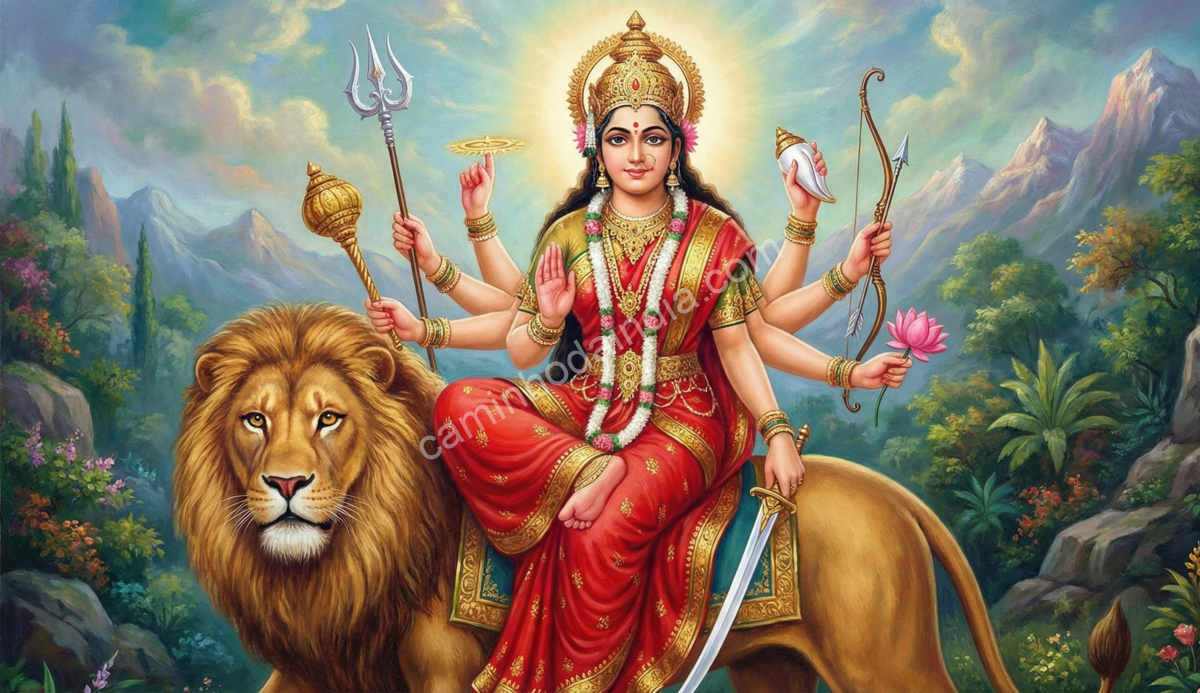 A deusa Durga sentada em seu leão, irradiando força, proteção e poder divino