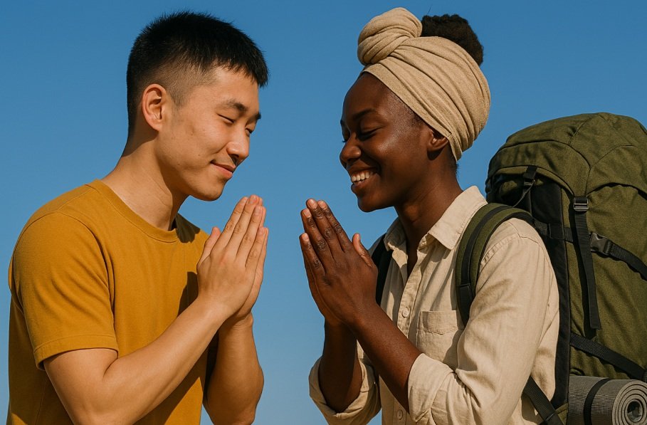 estrangeiro-cumprimentando-namaste Pessoa estrangeira fazendo o gesto tradicional Namaste, símbolo de saudação e respeito na Índia