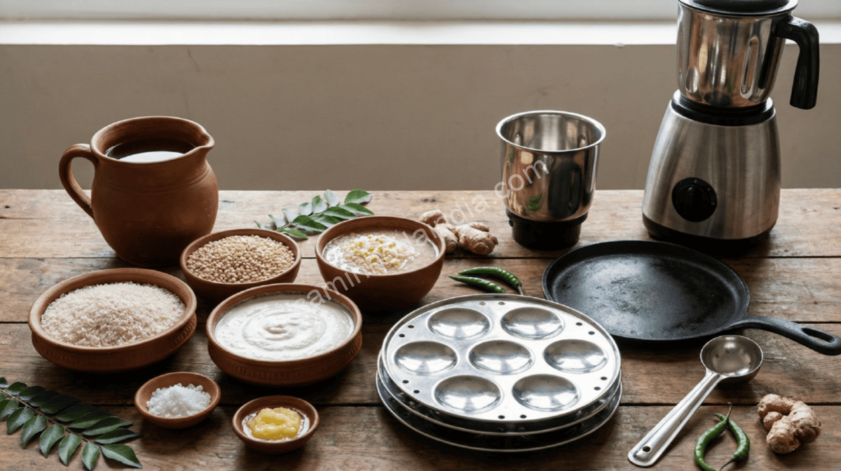 Ingredientes para preparar idli e dosa organizados sobre a mesa