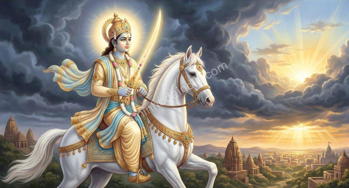 Kalki, o décimo e último avatar de Vishnu, destinado a manifestar-se no fim do Kali Yuga para restaurar o dharma e a ordem cósmica.