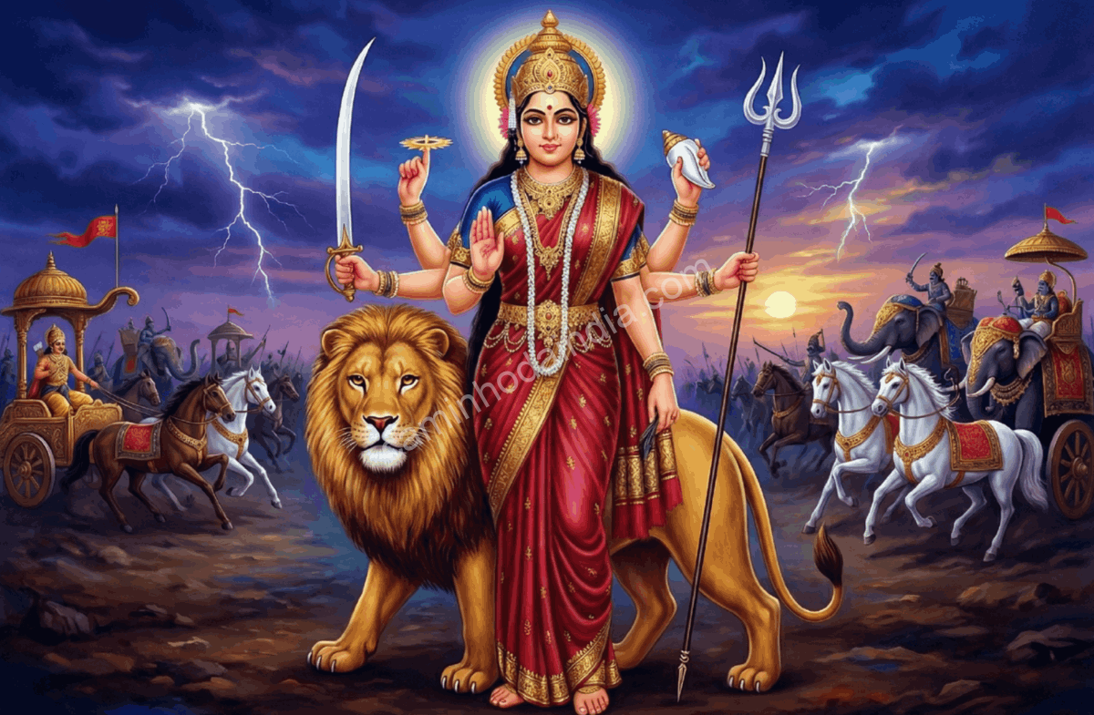 Katyayani, a sexta forma da Deusa Durga, empunhando armas em postura guerreira