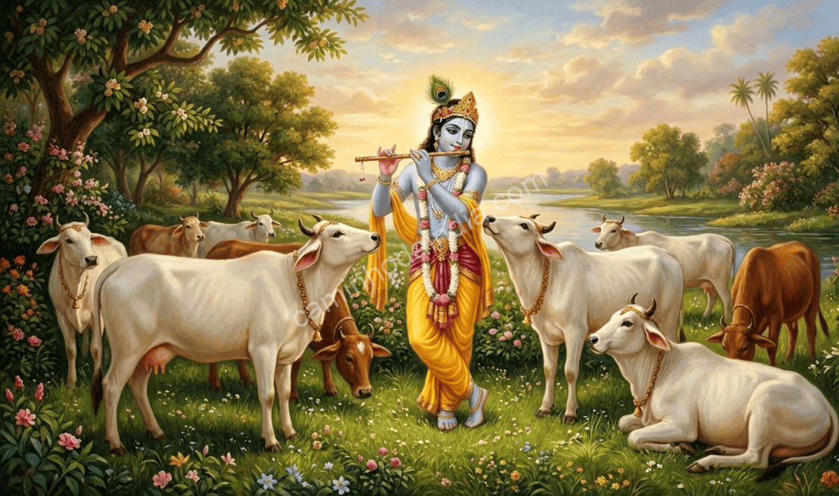 krishna-cercado-por-vacas-em-vrindavan Krishna cercado por vacas, tocando flauta em um cenário pastoral