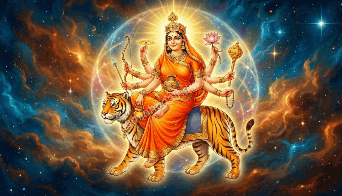 Kushmanda, a quarta forma da Deusa Durga, irradiando energia criadora