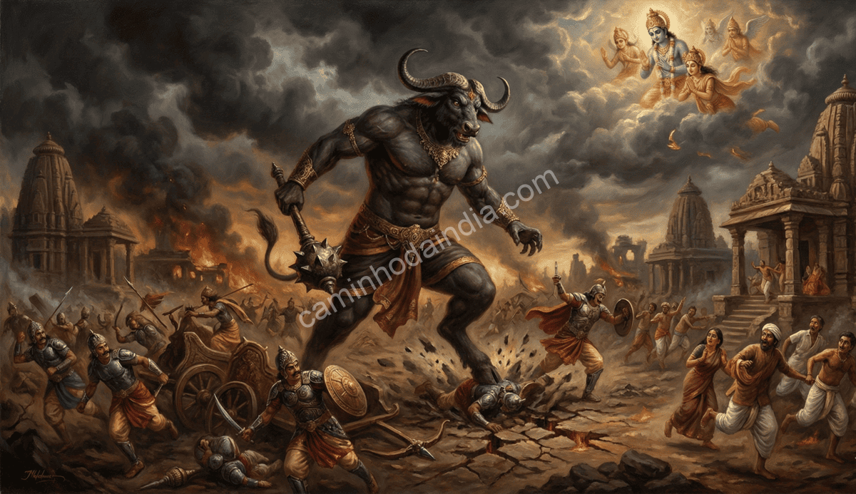 Mahishasura causando destruição na terra enquanto os deuses observam sem poder agir devido à bênção concedida por Brahma