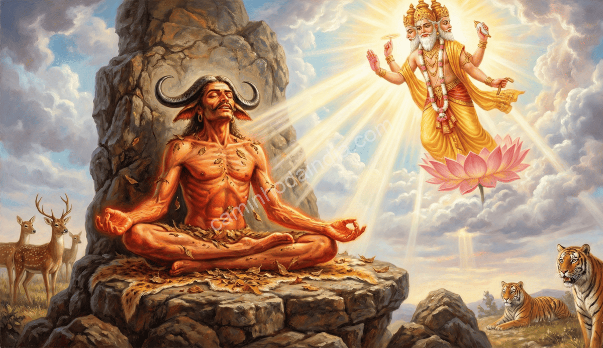 Mahishasura realizando penitência para receber uma bênção de Brahma