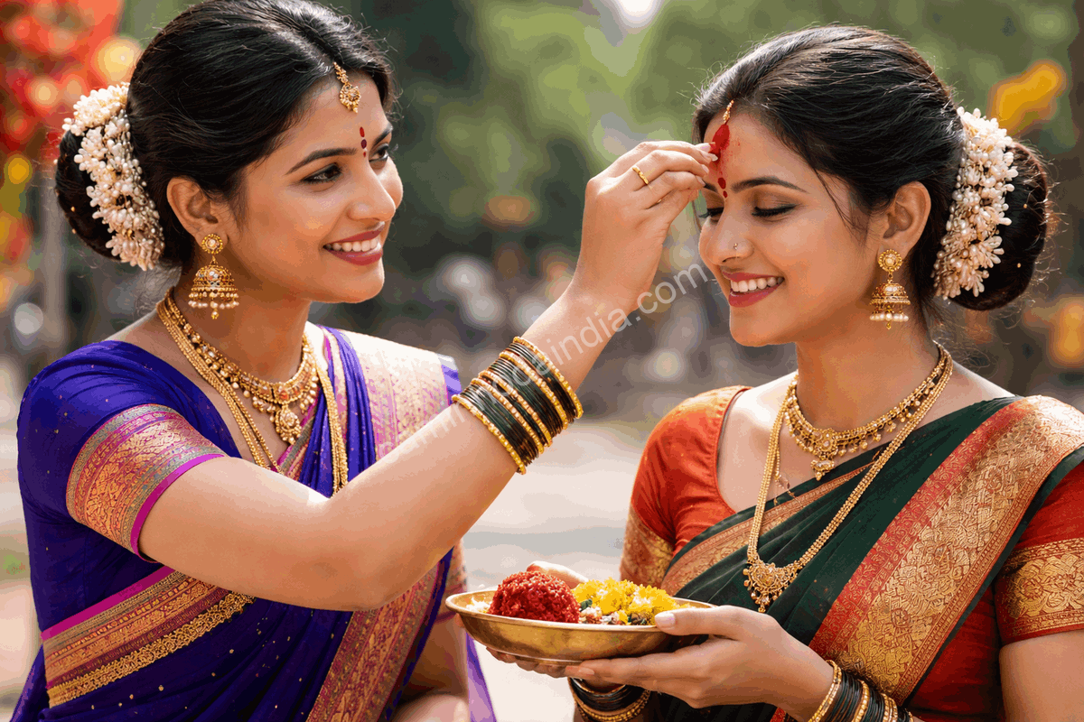 makar-sankranti-kumkum-mulheres-maharashtra Mulher aplica kumkum no rosto de outra mulher durante a celebração de Makar Sankranti em Maharashtra, vestidas com trajes tradicionais.