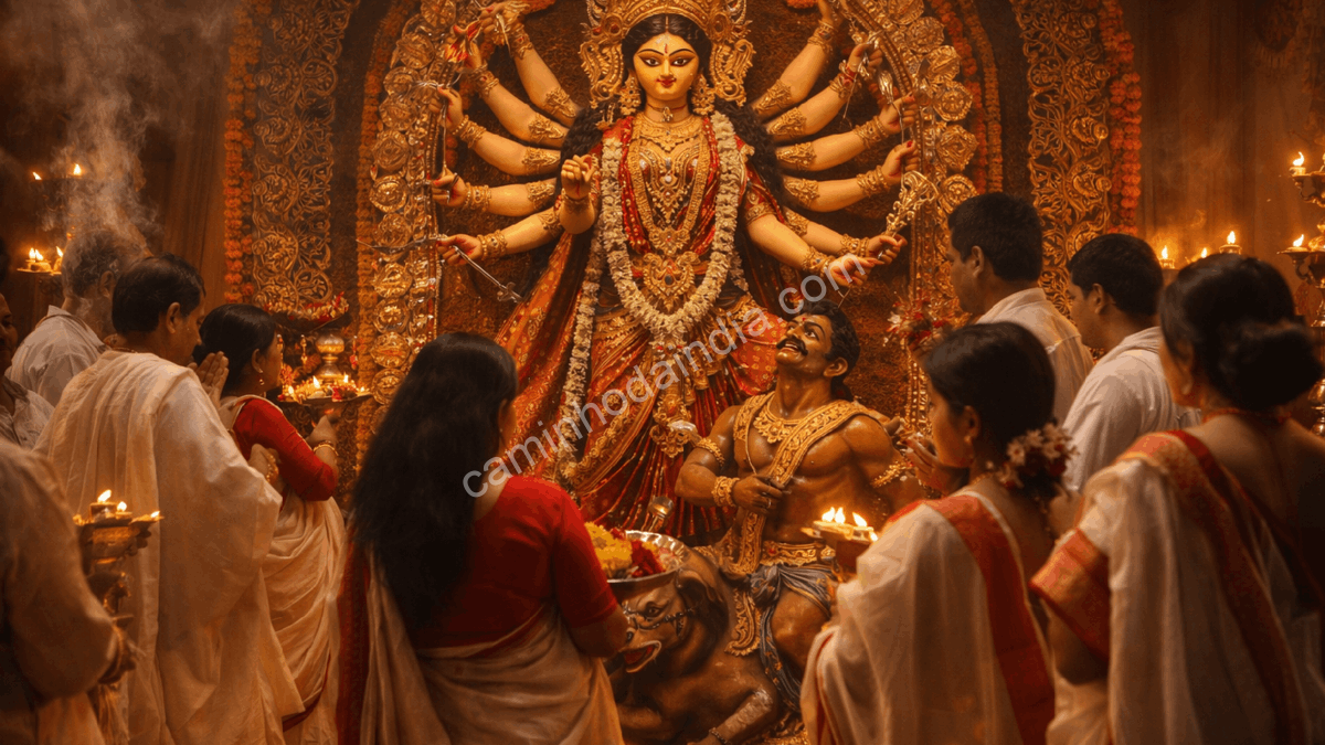 Mandap de Durga Puja onde rasgulla é oferecido como prasada