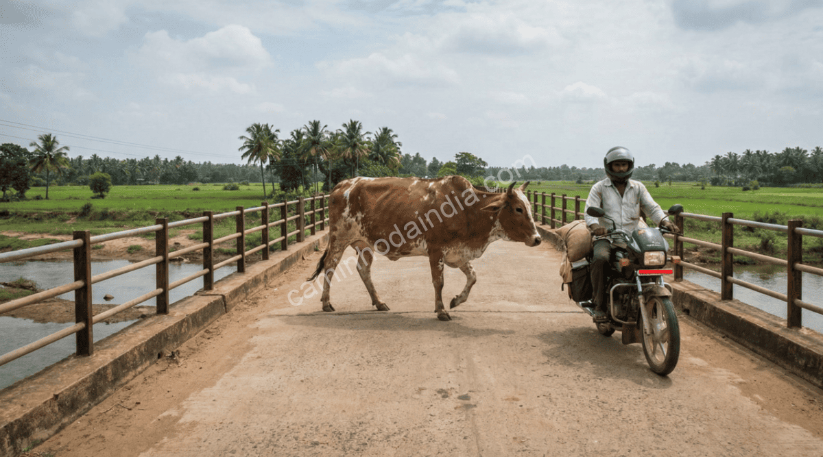 Pessoa desviando cuidadosamente de uma vaca enquanto passa de moto em uma ponte na Índia