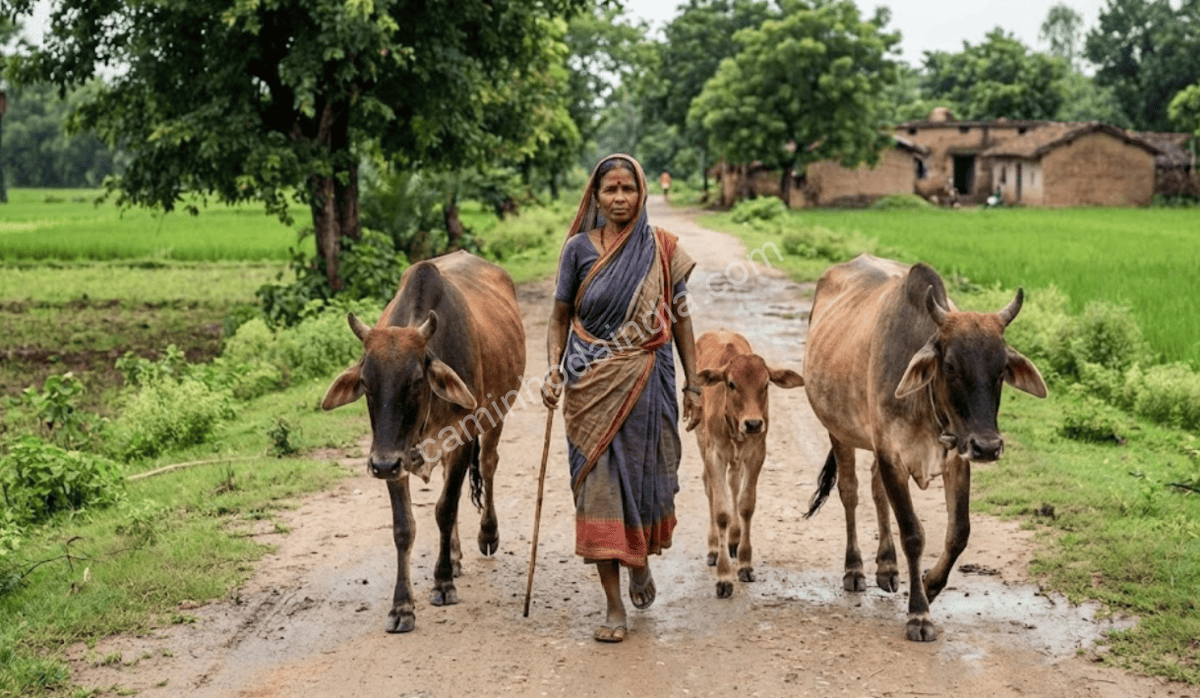 Mulher rural caminhando com suas vacas em um cenário de campo