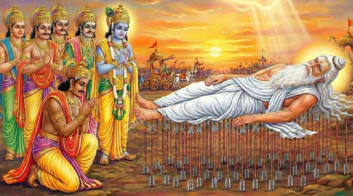 Pandavas e Krishna visitam Bhishmacharya deitado sobre a cama de flechas, enquanto ele decide deixar o corpo no dia de Makar Sankranti.