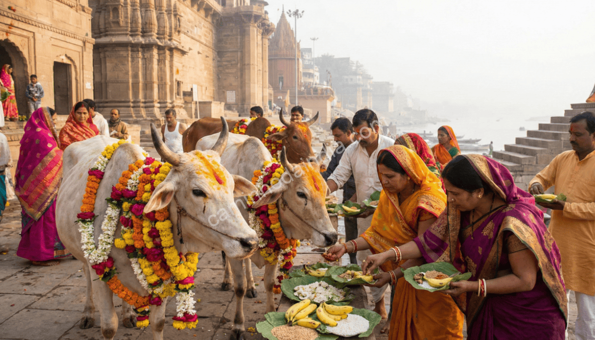 pessoas-alimentando-vacas-durante-festival-na-india vaca sagrada na Índia