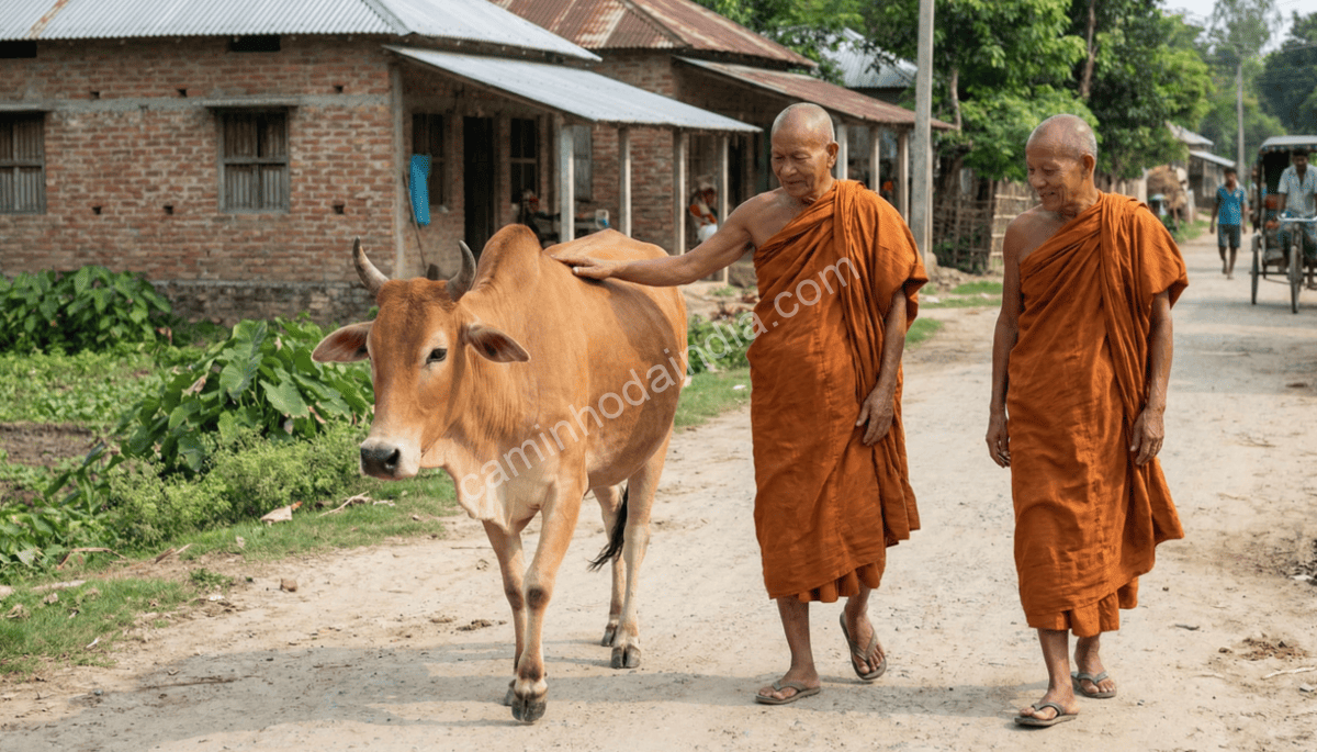 pessoas-tocando-vacas-na-estrada-na-india Pessoas tocando vacas em uma estrada na Índia, cena comum do cotidiano