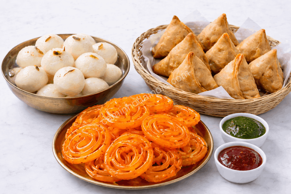 prasada-durga-puja-rasgulla-jalebi-samosa Rasgulla, jalebi e samosa servidos como prasad durante a Durga Puja