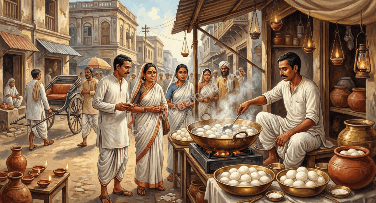 Rasgulla sendo preparado e vendido nas ruas movimentadas de Kolkata no século XIX