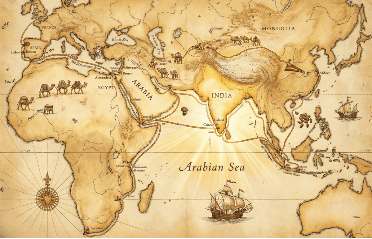 Rotas antigas do comércio de especiarias indianas ligando Egito, Oriente Médio e Europa