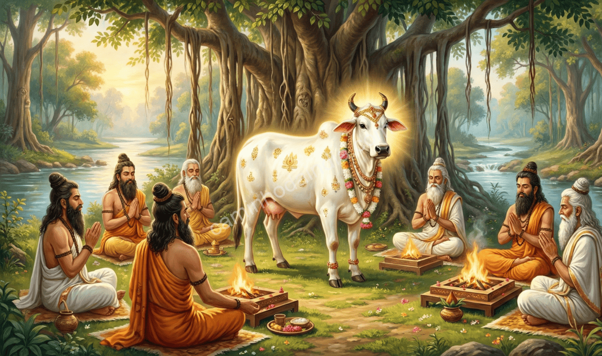 sabios-realizam-yajna-com-kamadhenu-no-centro Sábios realizando um yajna com Kamadhenu no centro, cercados pelo fogo ritual