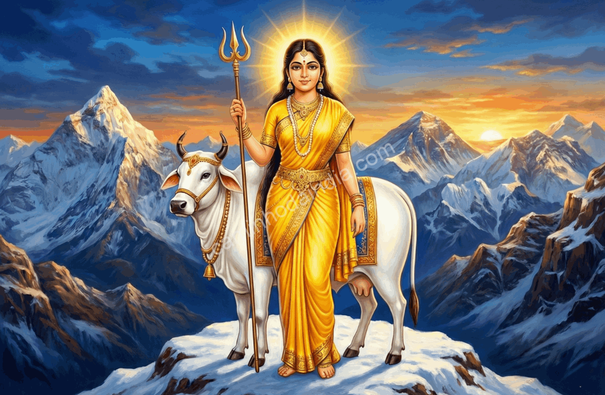 shailaputri-primeira-forma-de-durga-navaratri Shailaputri, a primeira forma da Deusa Durga, segurando tridente