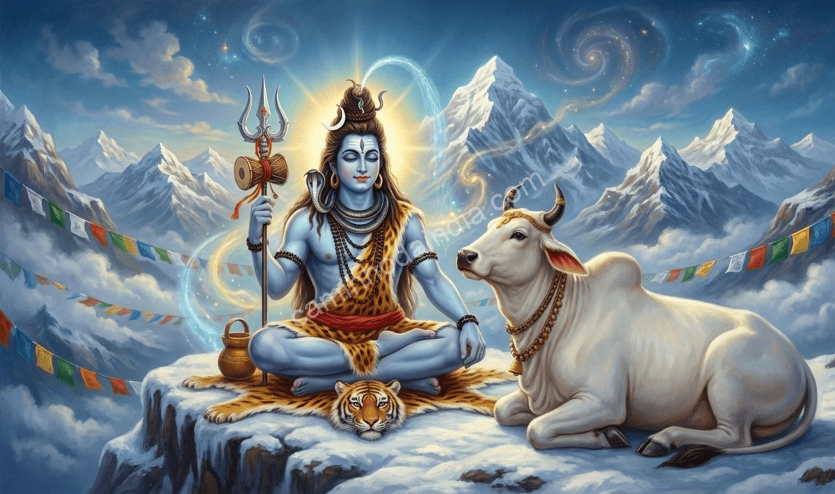 Shiva em Kailasa sentado em meditação ao lado de Nandi, o touro sagrado