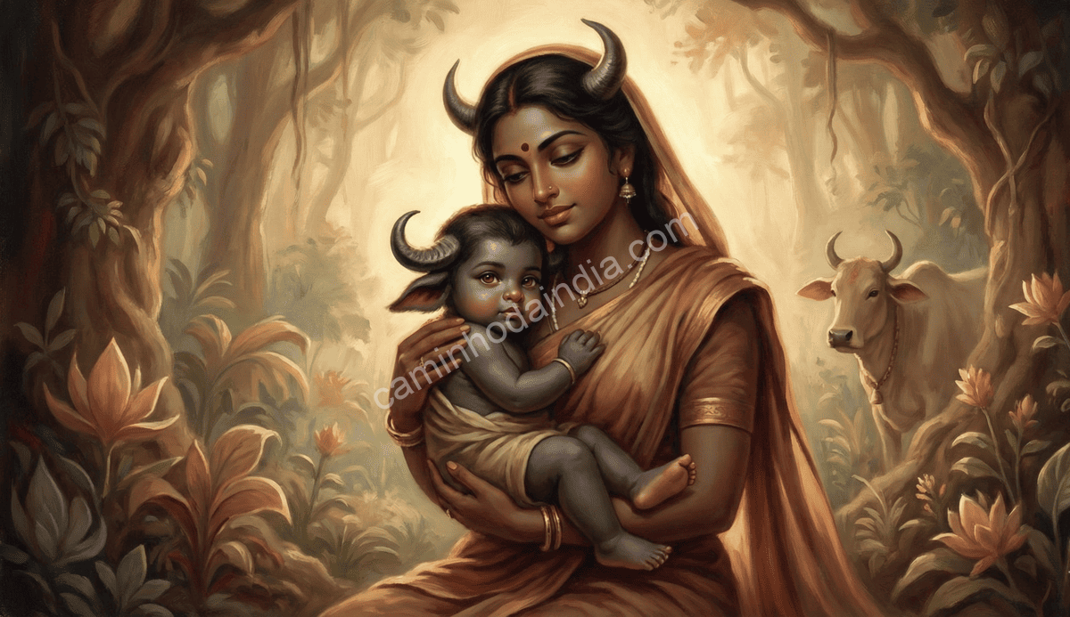 Shyamala segurando seu filho bebê Mahishasura nos braços
