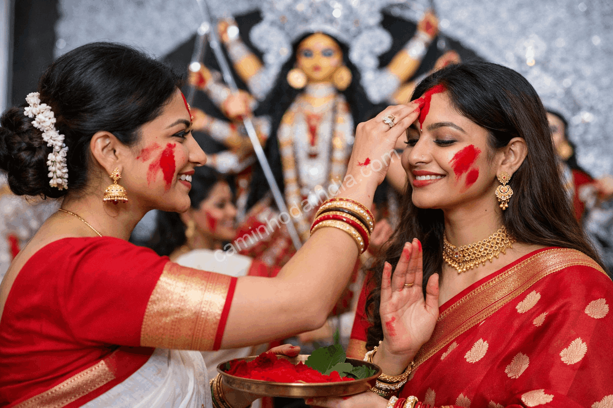sindur-khela-durga-puja-mulheres-kumkum Sindur Khela durante a Durga Puja, mulheres aplicando kumkum como ritual tradicional
