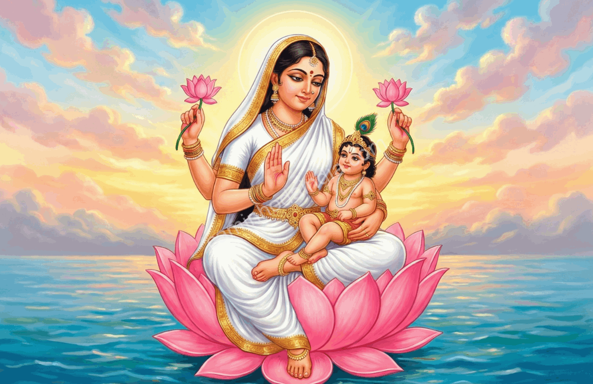 Skandamata, a quinta forma da Deusa Durga, com o filho Skanda em seu colo