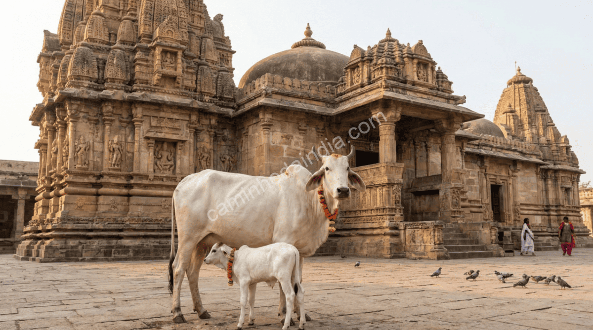 Vaca e bezerro em frente a um templo, considerados auspiciosos na cultura indiana