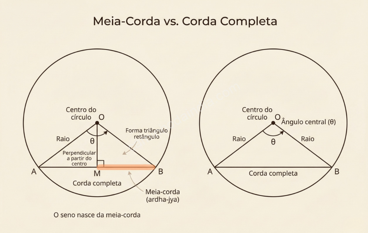 Explicação do conceito de ardha-jya (meia-corda), origem do seno na matemática indiana