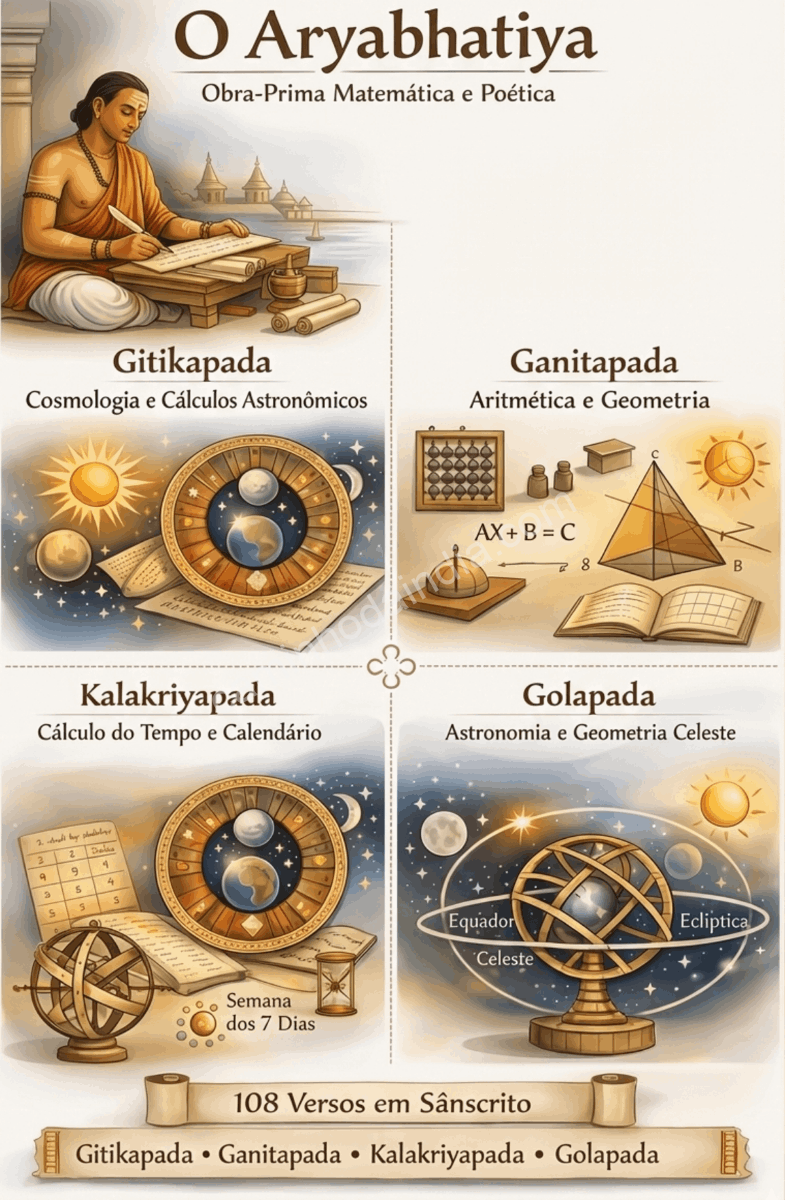 Trecho explicativo sobre o Aryabhatiya, tratado científico de Aryabhata escrito em versos sânscritos