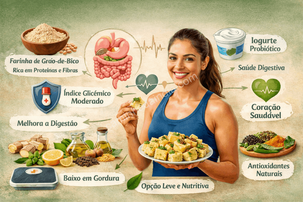 Dhokla, prato fermentado e cozido no vapor, conhecido por seus benefícios à saúde