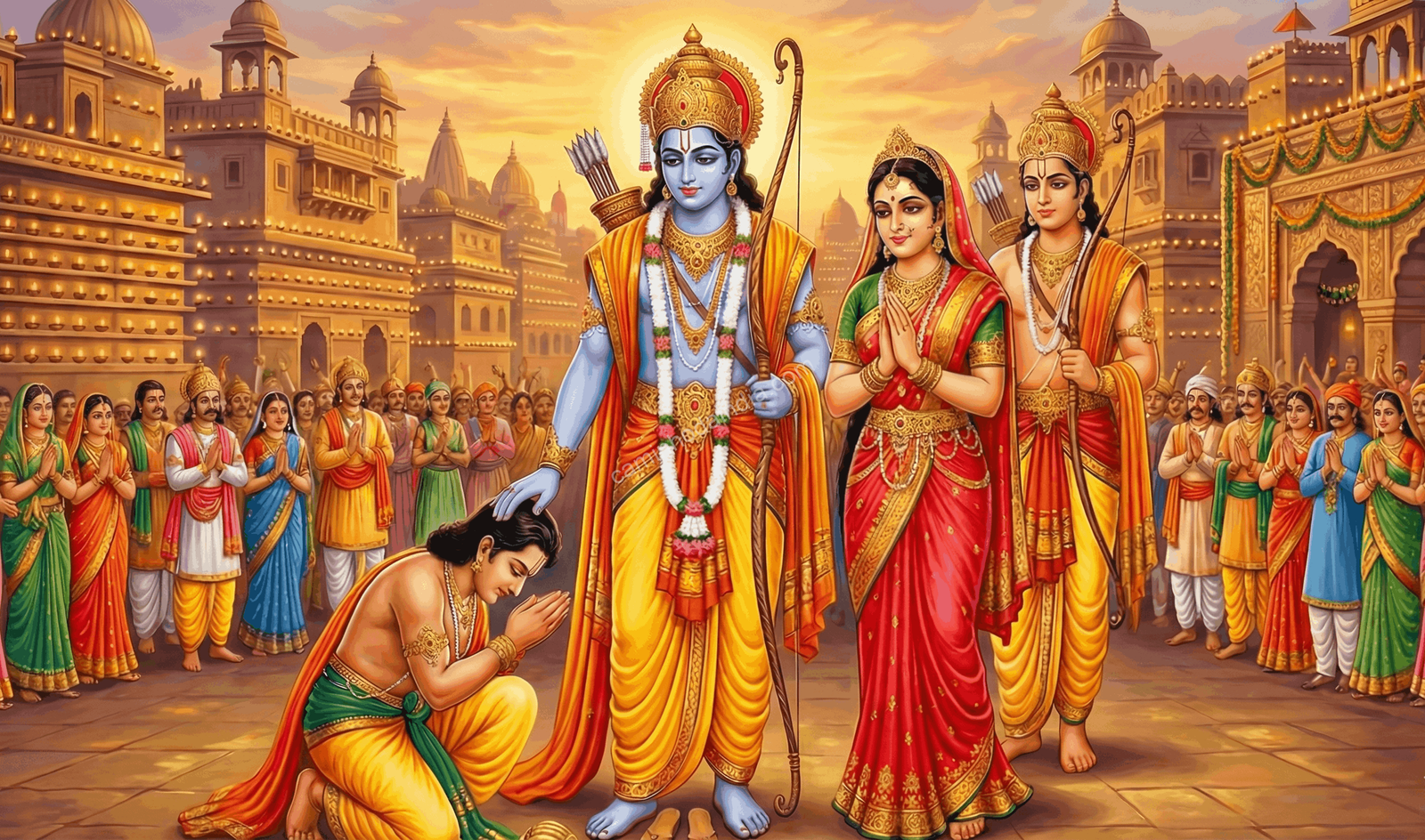 bharata-inclina-se-rama-retorno-ayodhya-sita-lakshmana Bharata se inclina em reverência diante de Rama após seu retorno a Ayodhya com Sita e Lakshmana