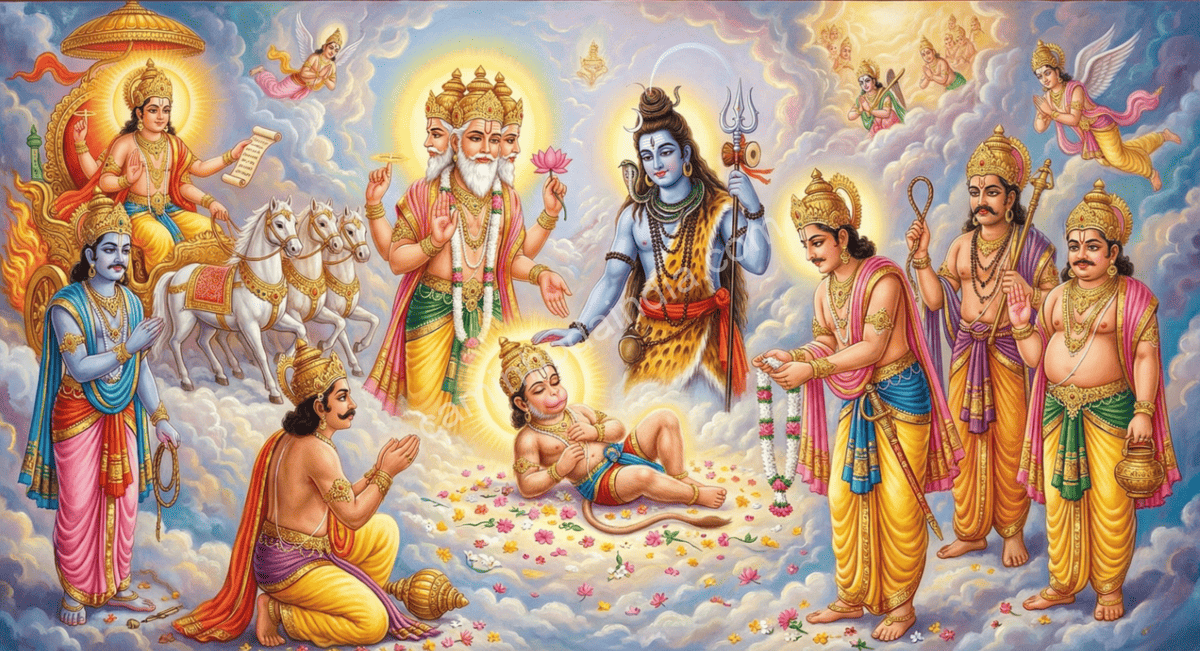 deuses-concedendo-poderes-a-hanuman-caido Os deuses reunidos ao redor de Hanuman caído, concedendo-lhe poderes divinos para fortalecê-lo e restaurar a ordem