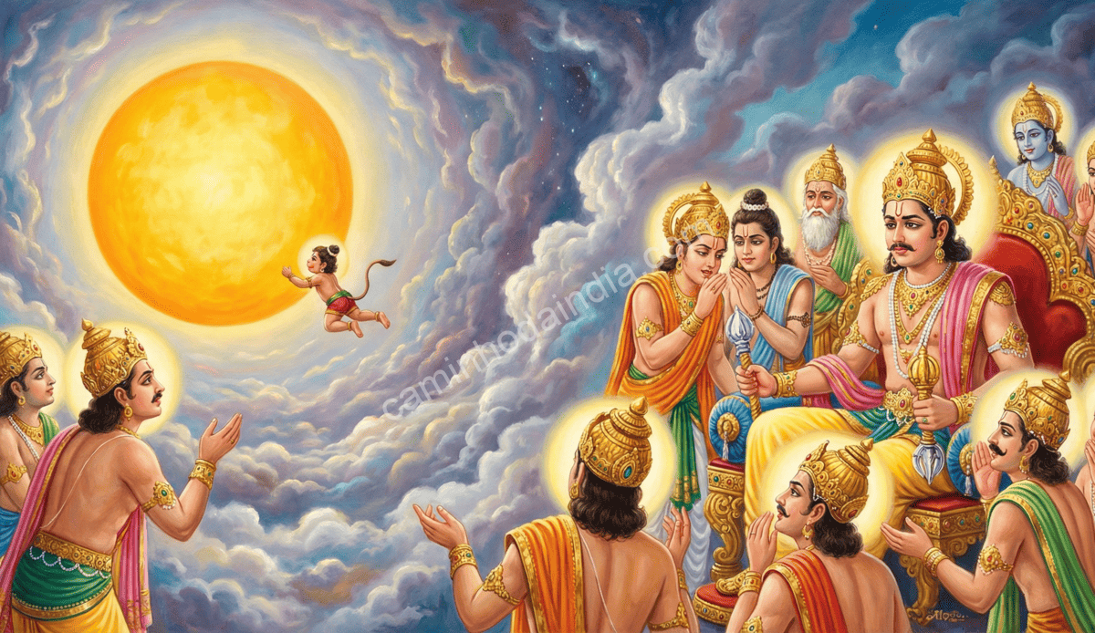 Os deuses reunidos ao redor de Indra discutindo a jornada de Hanuman em direção ao Sol