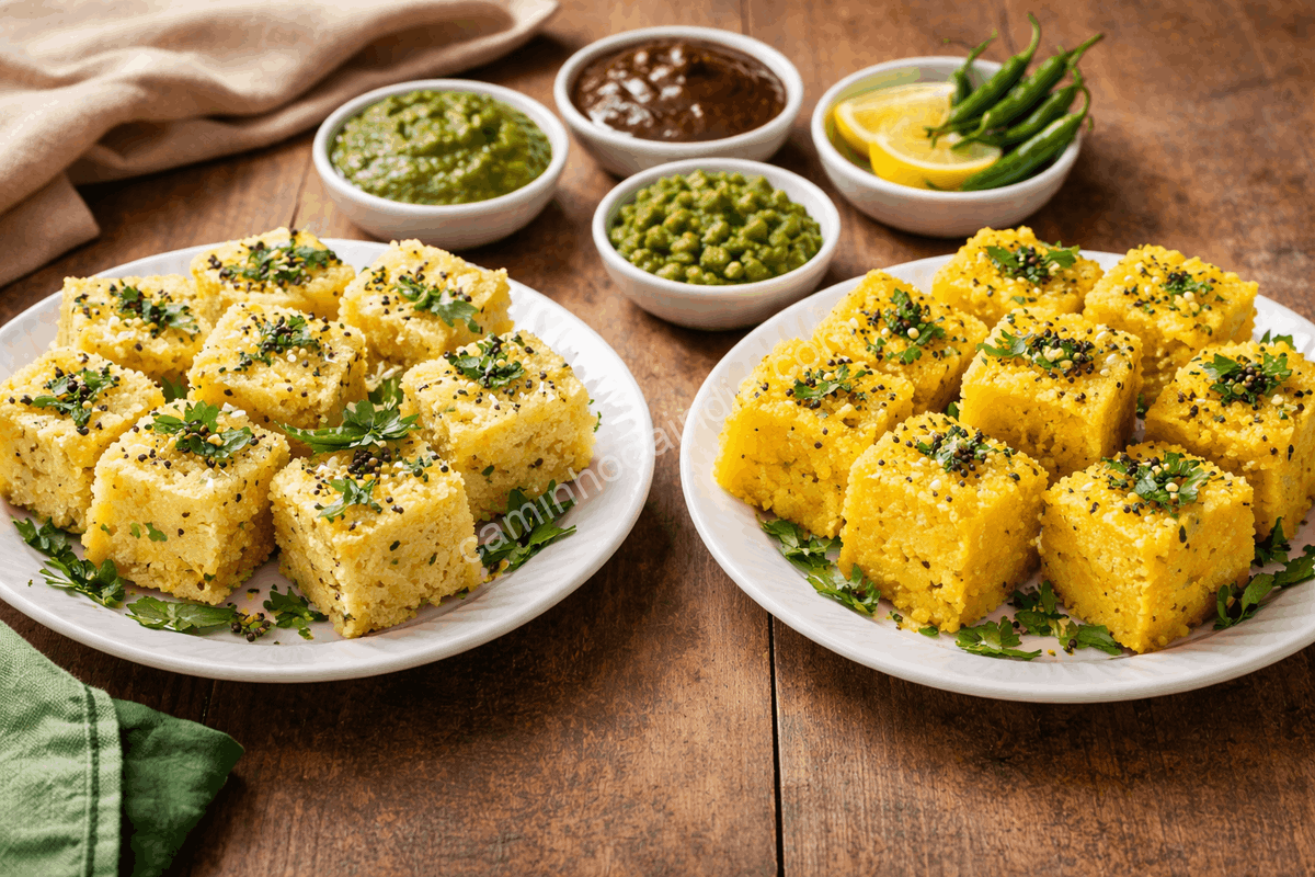 O dhokla, de coloração mais clara e textura suave, é servido ao lado do khaman, de tom amarelado e sabor mais intenso