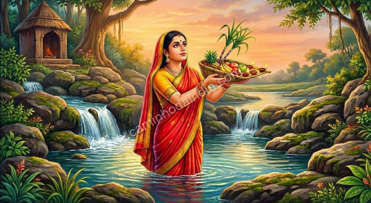 Draupadi realizando o Chhath Puja em devoção pelo destino dos Pandavas