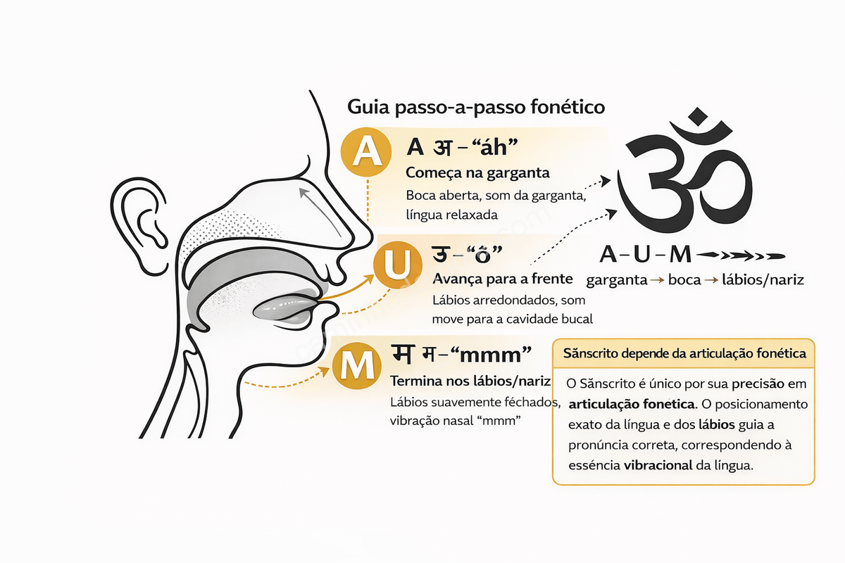 na língua sânscrita, a pronúncia é essencial: cada som possui um ponto exato de articulação — da garganta aos lábios e à cavidade nasal — garantindo precisão, clareza de significado e integridade do texto.