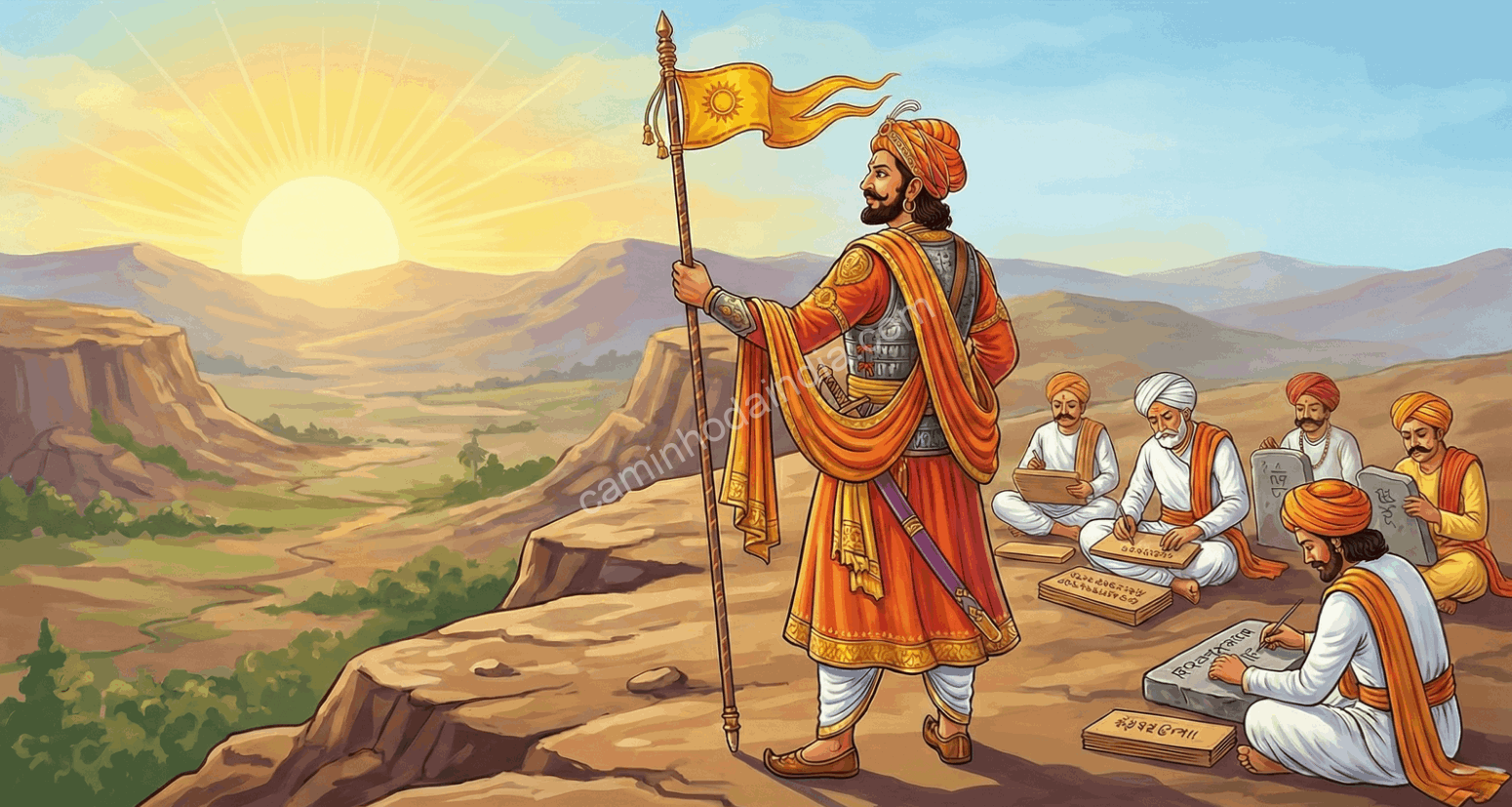 Ilustração histórica do rei Shalivahana simbolizando a vitória sobre os Hunas e o início do calendário Shaka Samvat associado ao Gudi Padwa