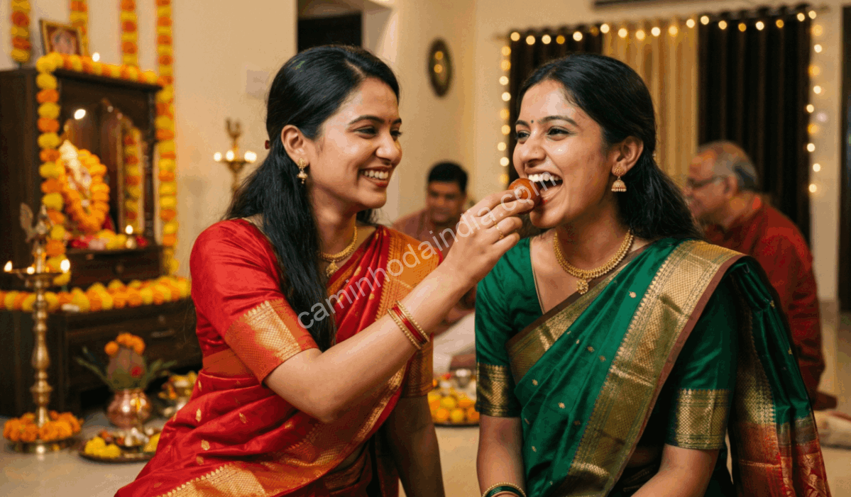 gulab-jamun-compartilhado-festividades-indianas Gulab jamun sendo compartilhado durante uma celebração festiva indiana