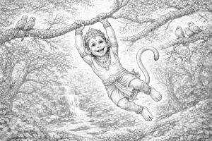 O jovem Hanuman vagando pela floresta, curioso e brincalhão, simbolizando inocência e aventura divina