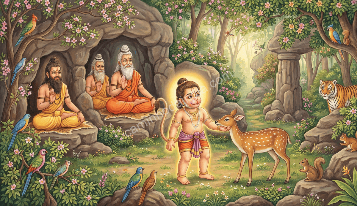 Jovem Hanuman brincando com animais na floresta enquanto sábios observam com admiração
