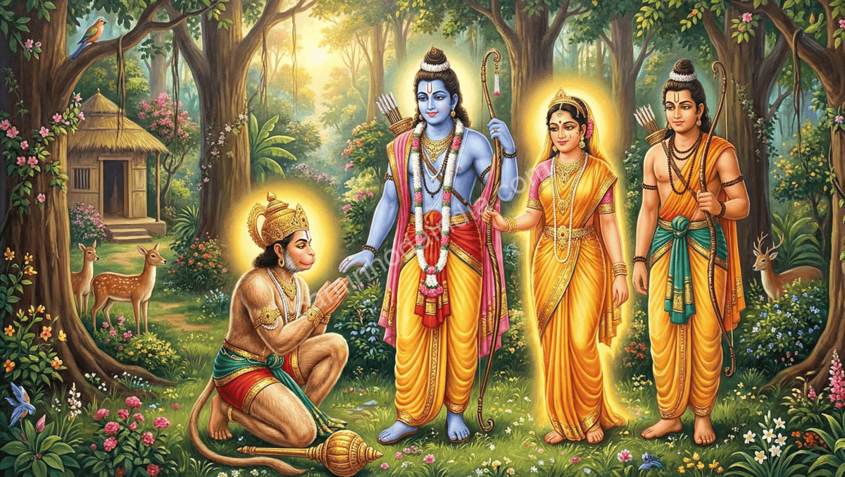 hanuman-orando-a-rama-lakshmana-e-sita-ramayana Hanuman ajoelhado com as mãos unidas diante de Rama, Lakshmana e Sita, em uma cena devocional do Ramayana