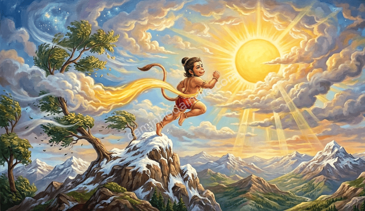 Hanuman criança saltando em direção ao Sol, acreditando ser uma fruta dourada