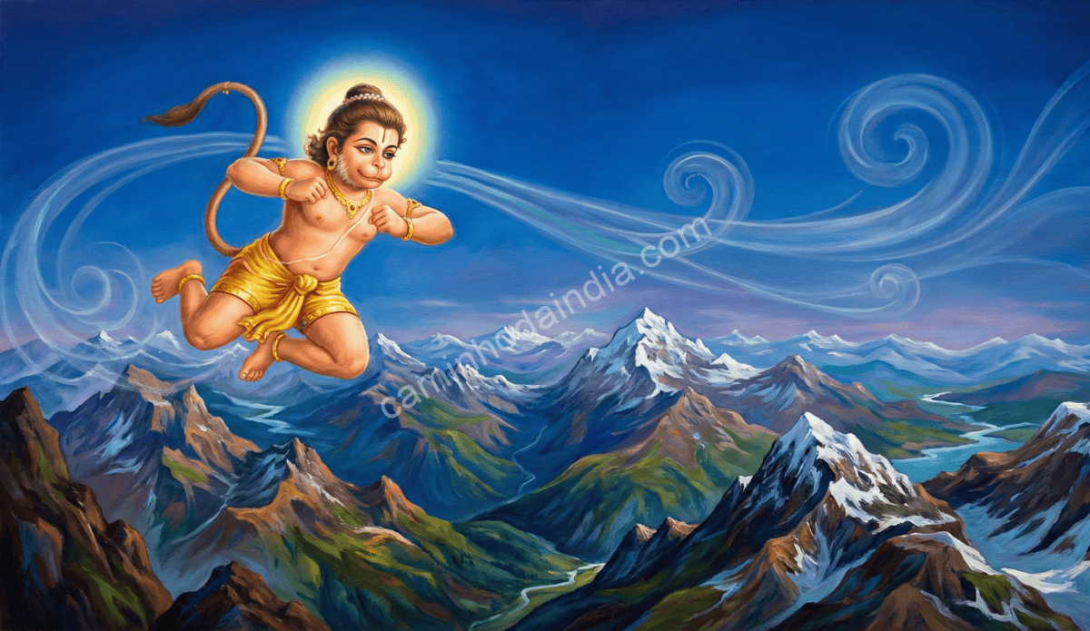 Hanuman voando sobre a floresta com agilidade divina