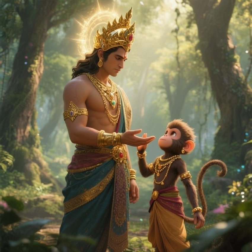 indra-abencoando-hanuman Ilustração de Indra abençoando o jovem Hanuman