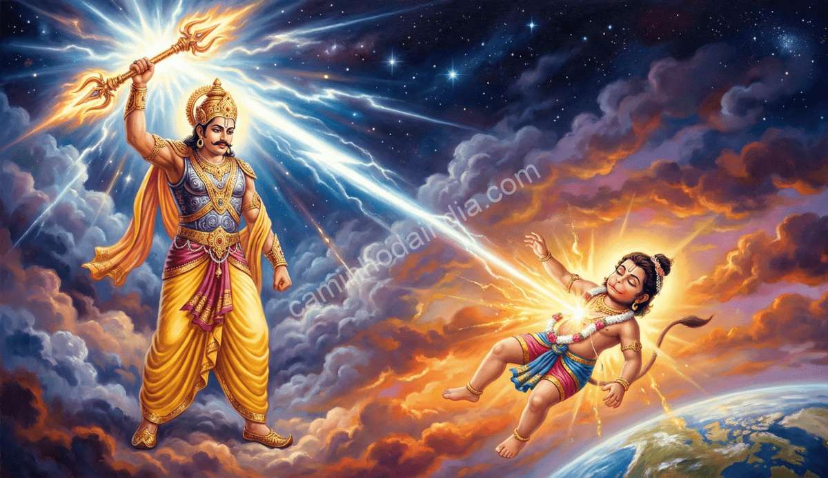 indra-atinge-hanuman-crianca-com-o-vajra Indra lançando o vajra e atingindo o jovem Hanuman durante sua tentativa de alcançar o Sol