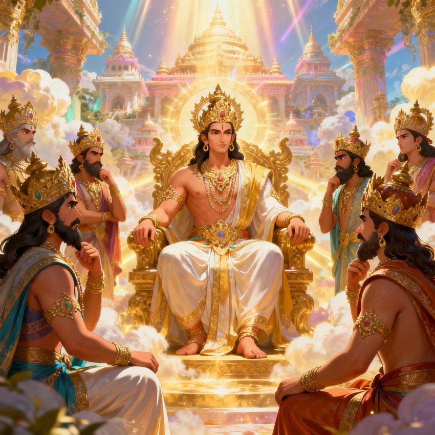 indra-em-reuniao-com-outros-deuses Indra, o rei dos deuses, em conselho celestial com outras divindades, discutindo o destino do mundo e a harmonia cósmica