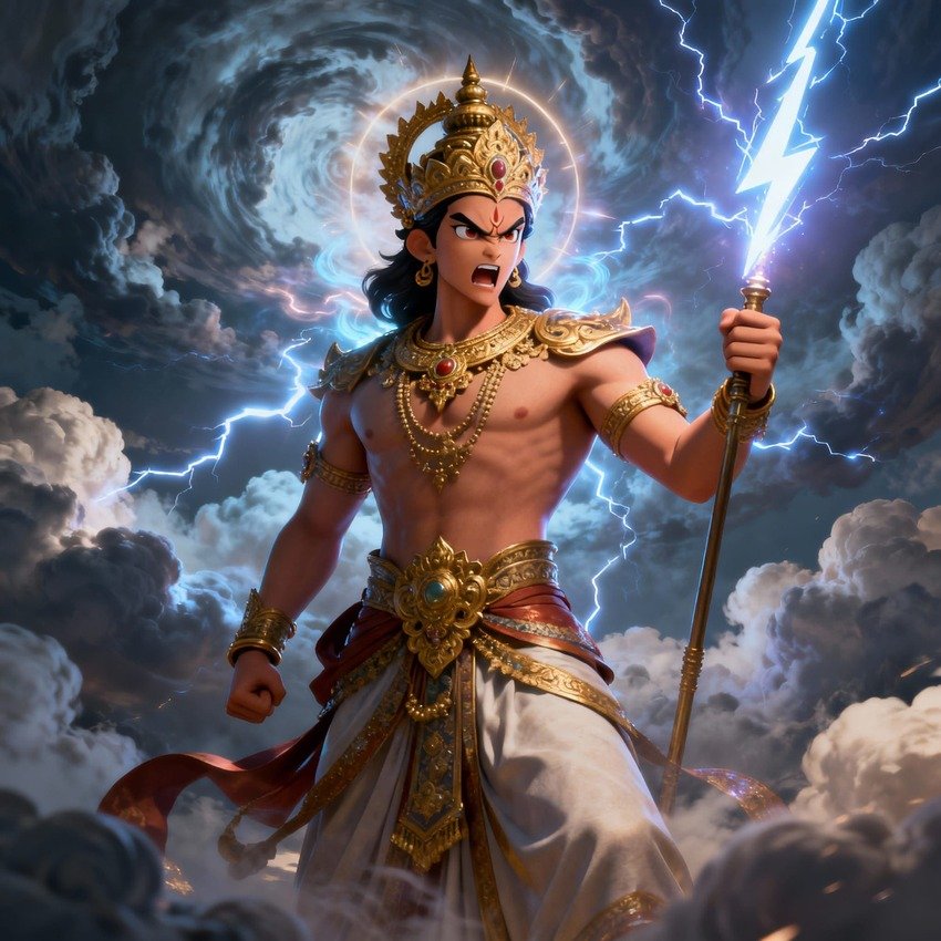 indra-raivoso-com-seu-raio Indra, o deus do trovão, irado e pronto para liberar seu poderoso raio