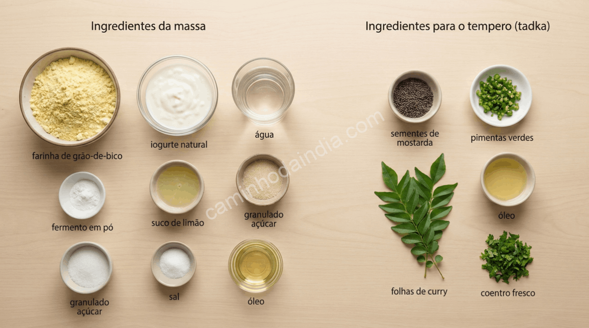 Ingredientes necessários para preparar dhokla (khaman) organizados sobre a mesa